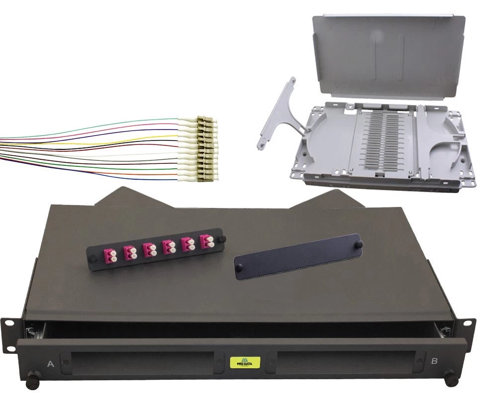 1RU Complete Rodent Proof Sliding Fibre Enclosure Kit With Splice Cassette, Pigtails And 12 OM4 LC Connectors 3 1RU Complete Rodent Proof Sliding Fibre Enclosure Kit With Splice Cassette, Pigtails And 12 OM4 LC Connectors